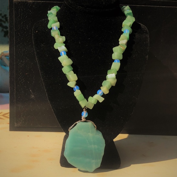 Vintage Jewelry - Aventurine Pendant + Necklace w/ Opalite Accents